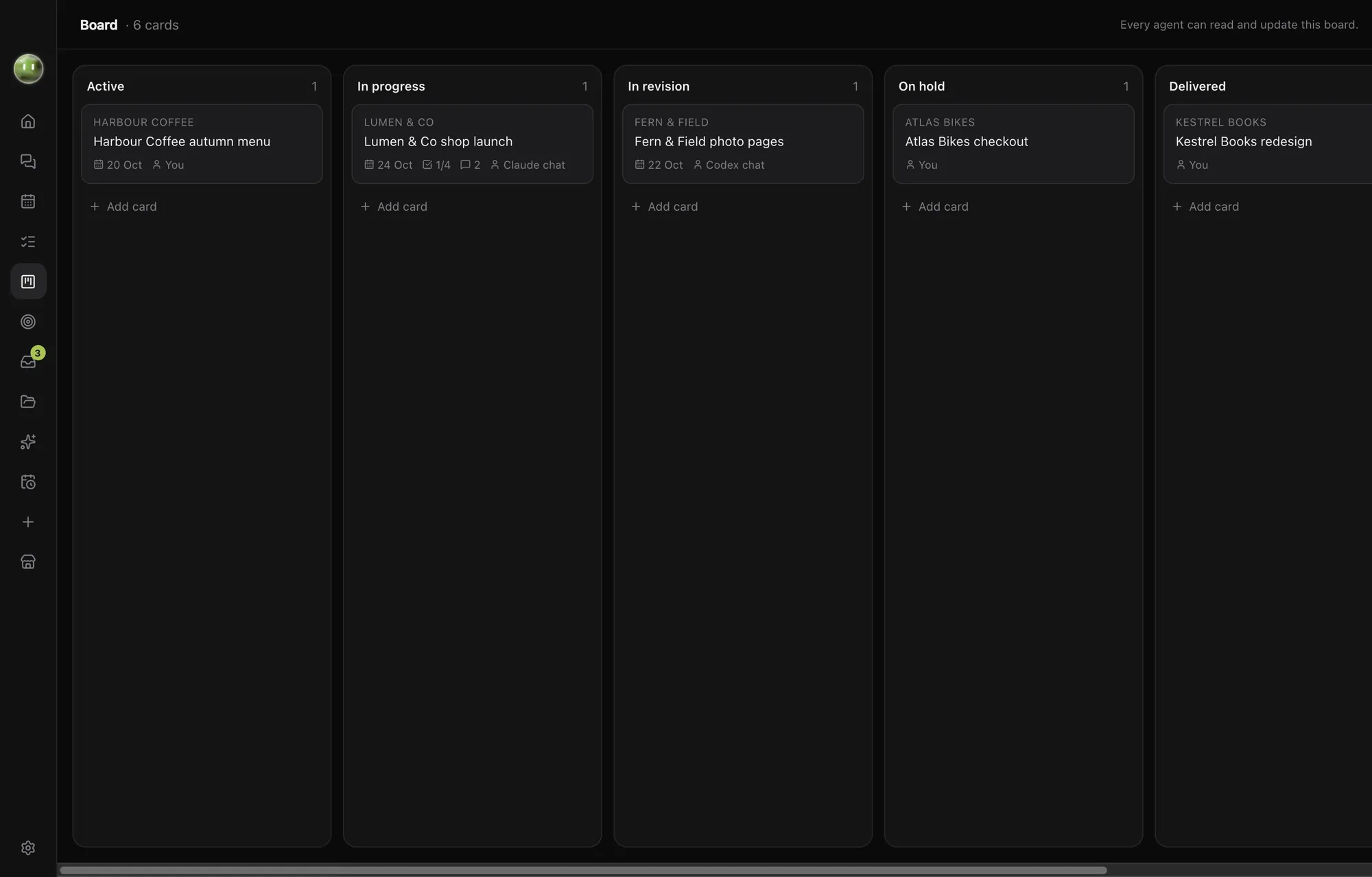 The Board with client projects in stages