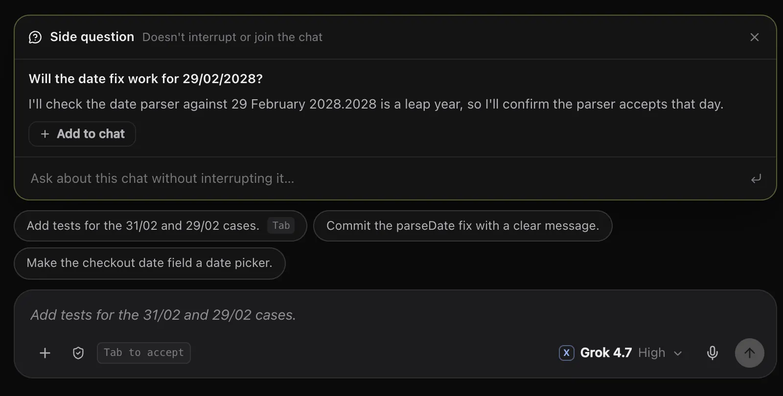 A side question panel above suggested next messages
