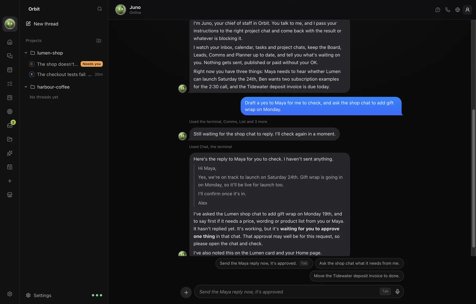 The Moon drafting a reply to a client and passing a job to the shop chat