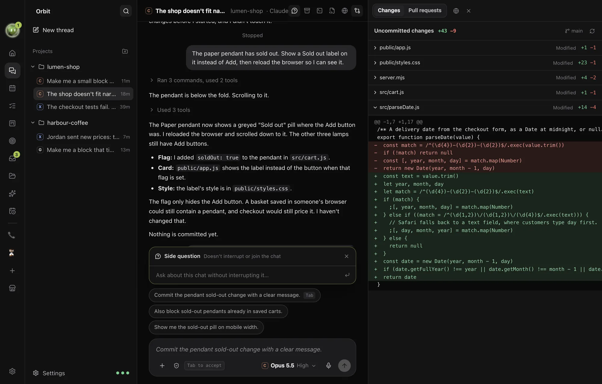 The Changes pane showing a diff of the date parser fix