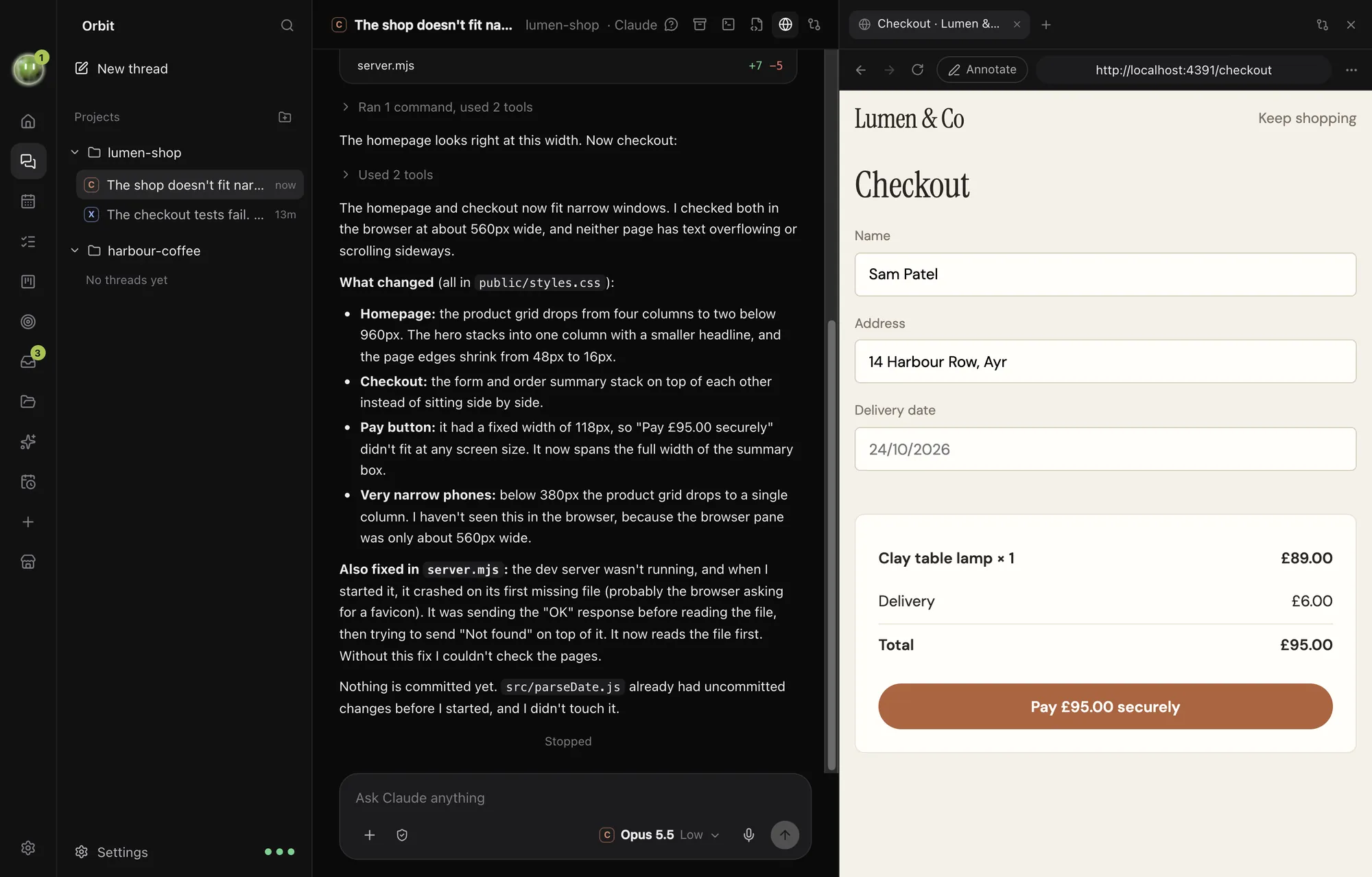 Claude's summary of fixing the shop for phones, next to the checkout page in Orbit's browser
