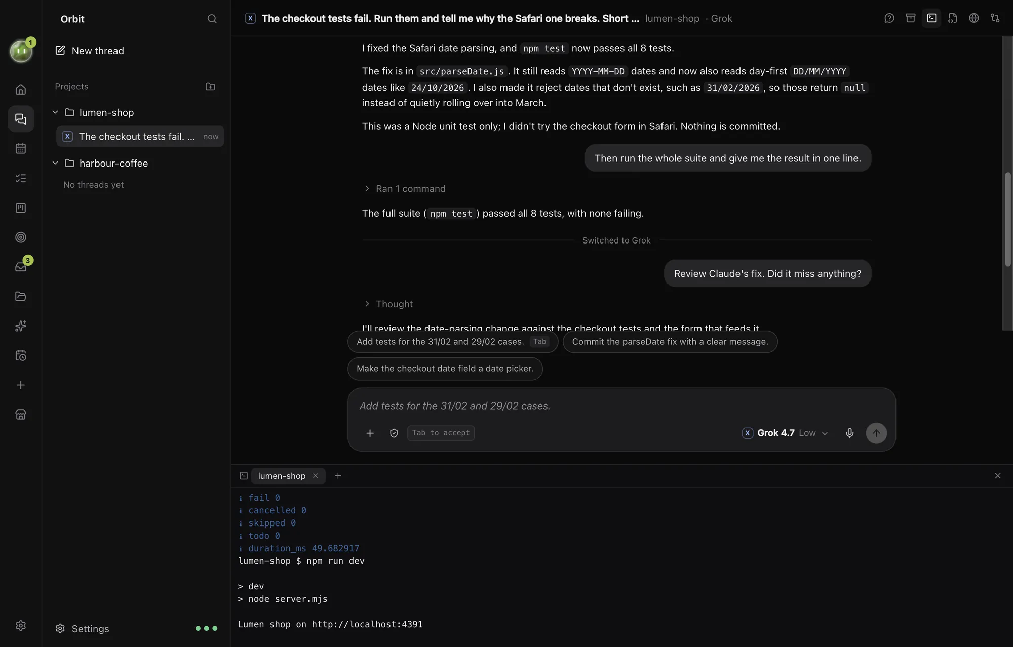 Orbit's terminal under the chat, running the tests and the shop's dev server